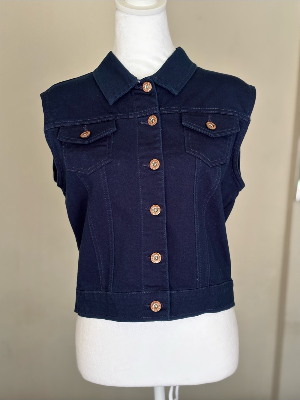 NWT Ci Sono Sleeveless Navy Button-Front Denim Vest